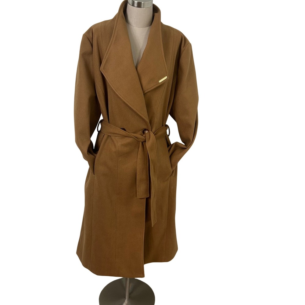 Jason Wu Camel Belted Wrap Coat Faux Wool Floral Lining Gold Detail XL NWT‎